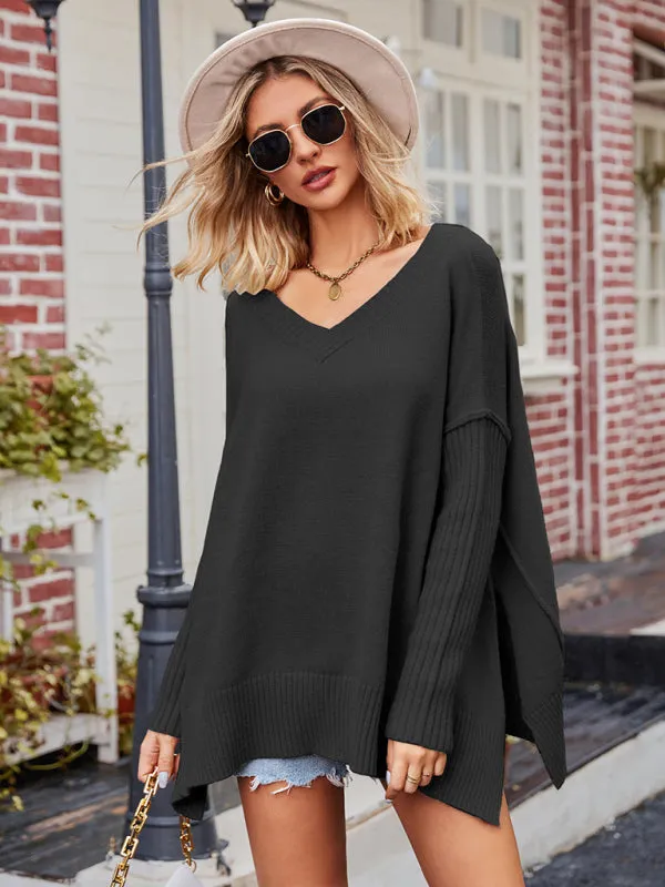 Boho Loose V Neck Side Slit Knit Cozy Pullover Sweater