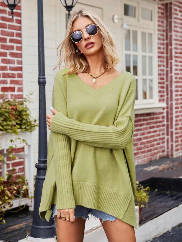 Boho Loose V Neck Side Slit Knit Cozy Pullover Sweater