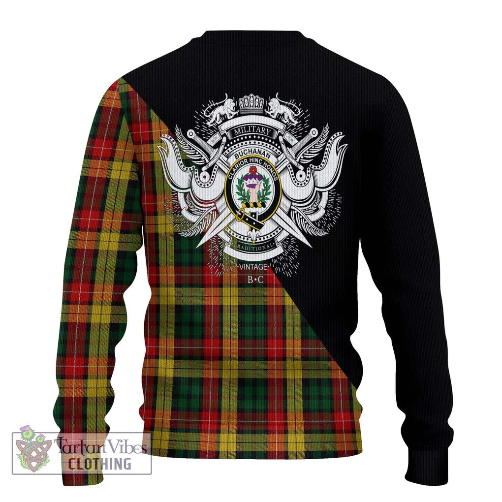 Buchanan Tartan Ugly Sweater with Family Crest and Military Logo Style