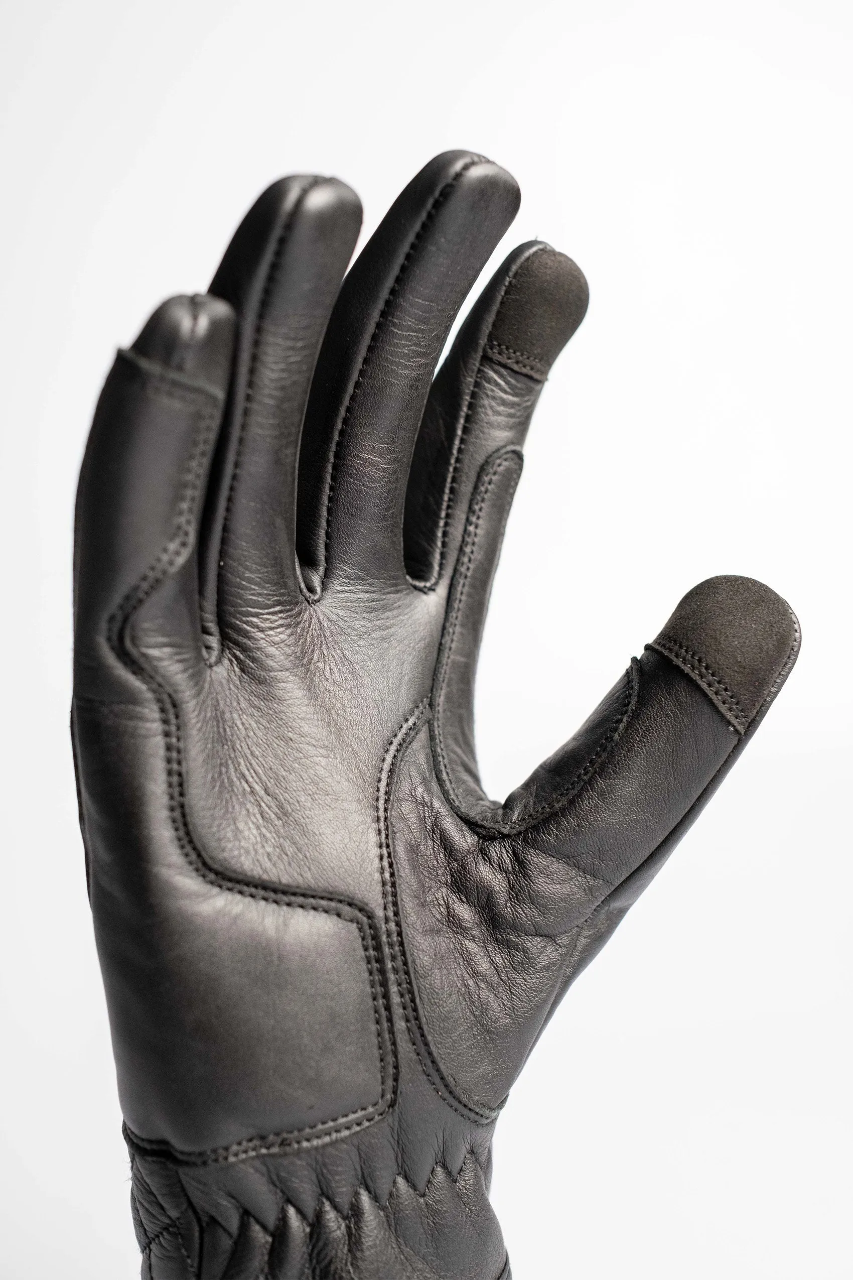 Cafe Quilted Leather Motorcycle Gloves - Black