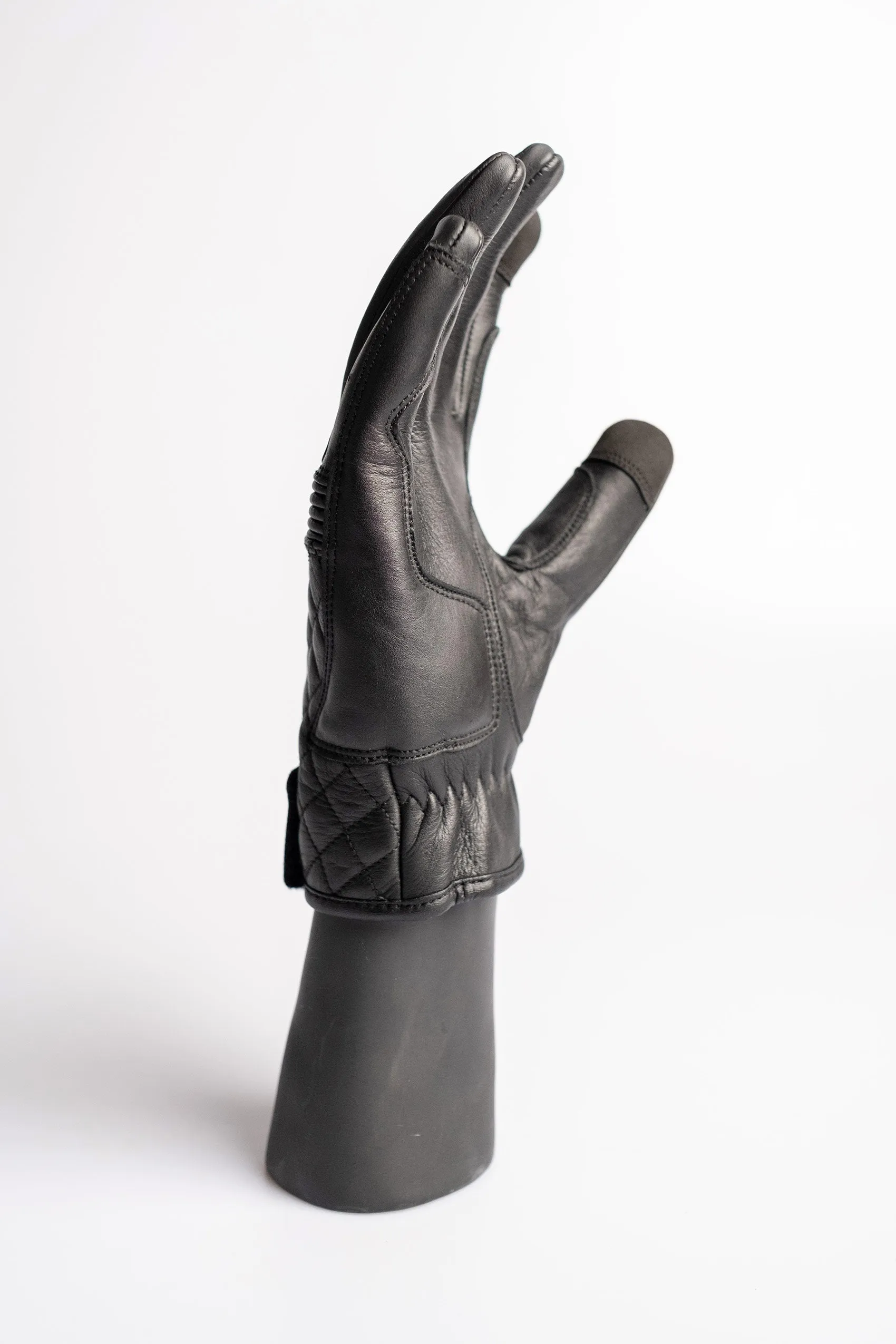 Cafe Quilted Leather Motorcycle Gloves - Black