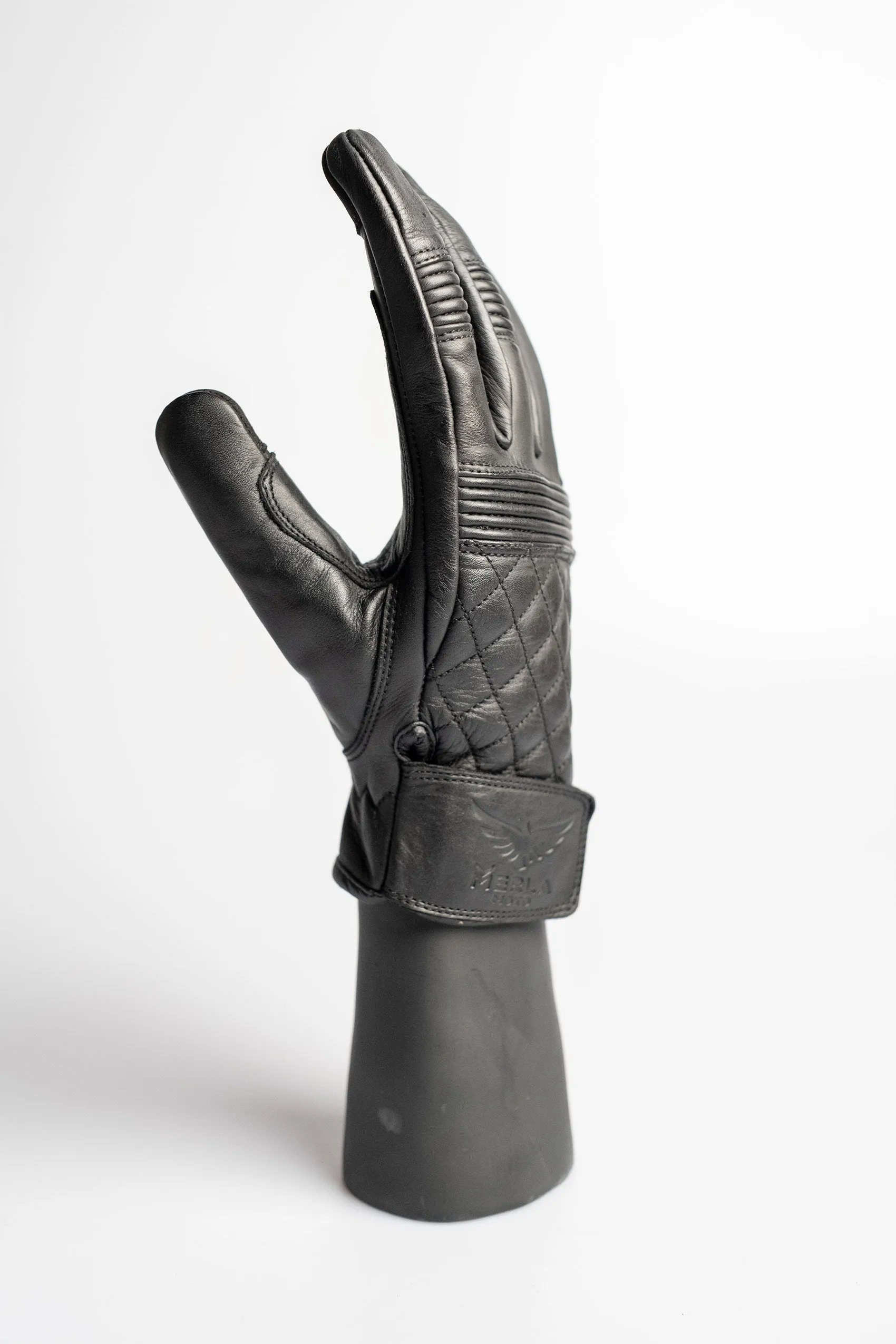 Cafe Quilted Leather Motorcycle Gloves - Black