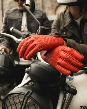 Cafe Quilted Leather Motorcycle Gloves - Red