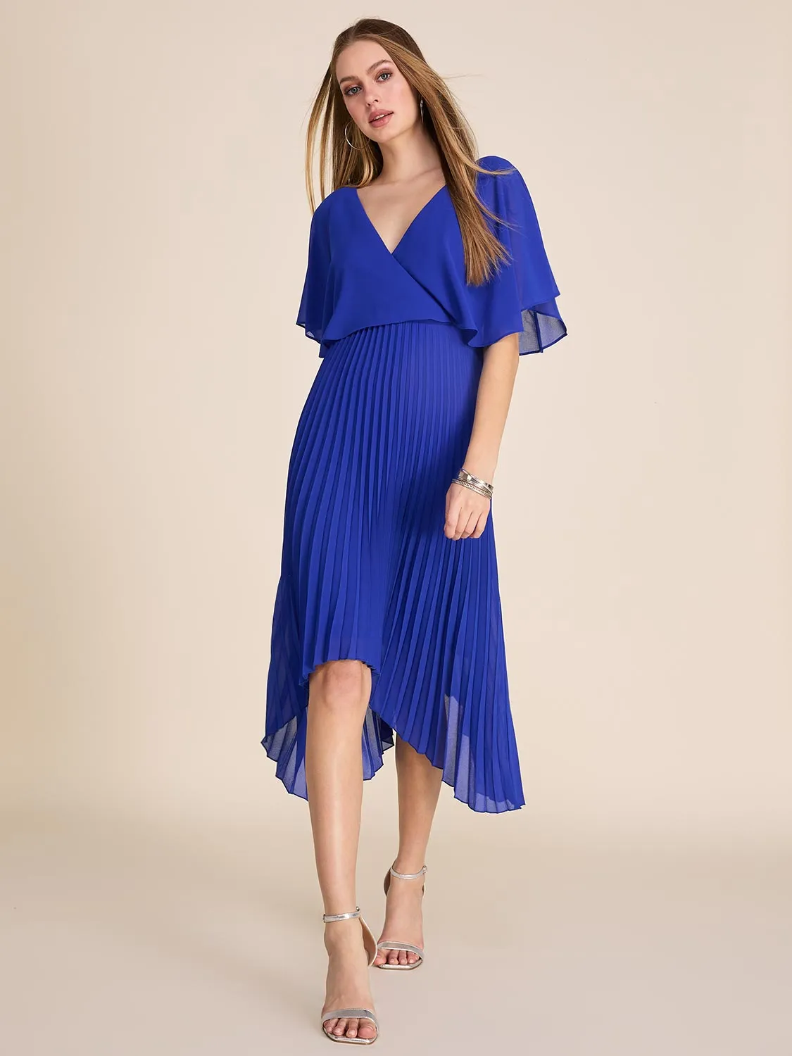 Cape Sleeve Pleated Chiffon Midi Dress