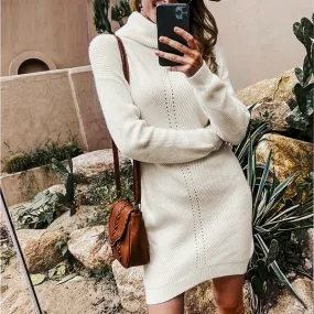 Casual Knitted Turtleneck Office Pullover Sweater Mini Dress