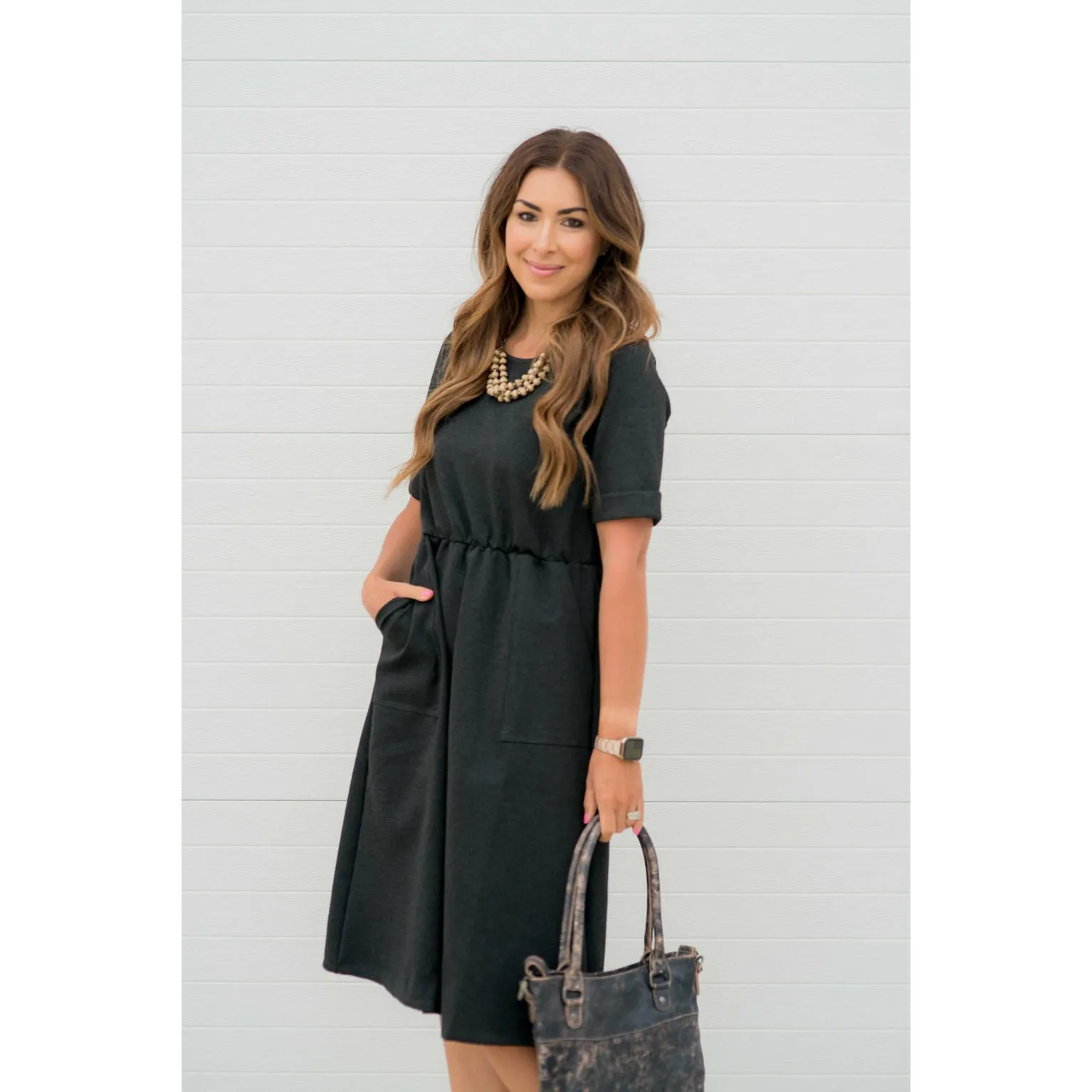 Cinched Waist Pocket Sweatshirt Dress