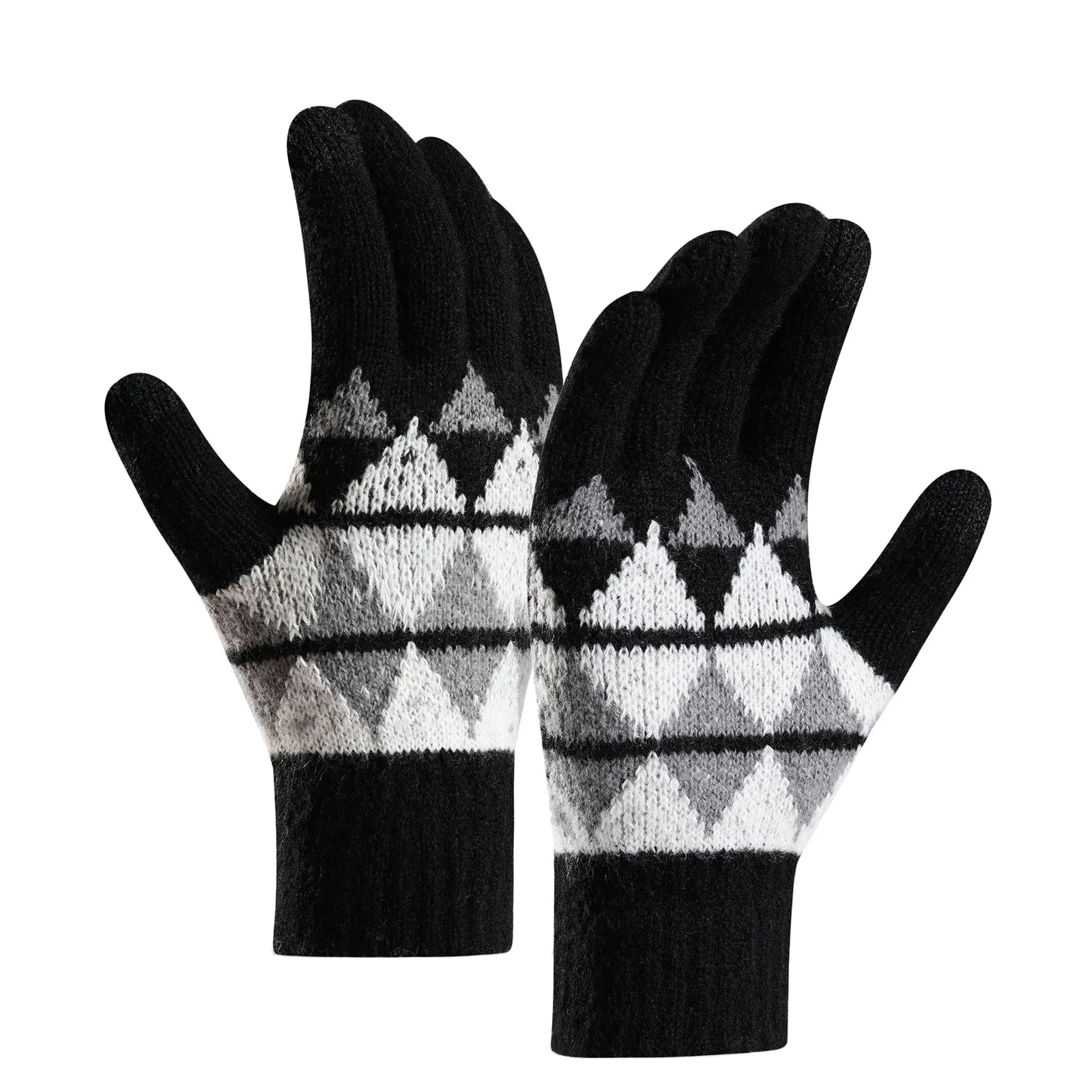 CONTRAST COLOR LOZENGE JACQUARD FLEECE THICKEN COLD-PROOF TOUCH SCREEN KNITTED GLOVES