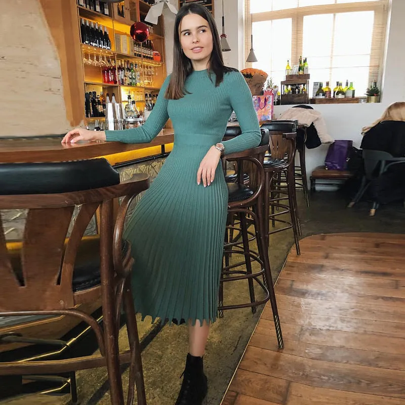 Cozy Knit Sweater Pleated Midi Dress - Culture Heaven Special