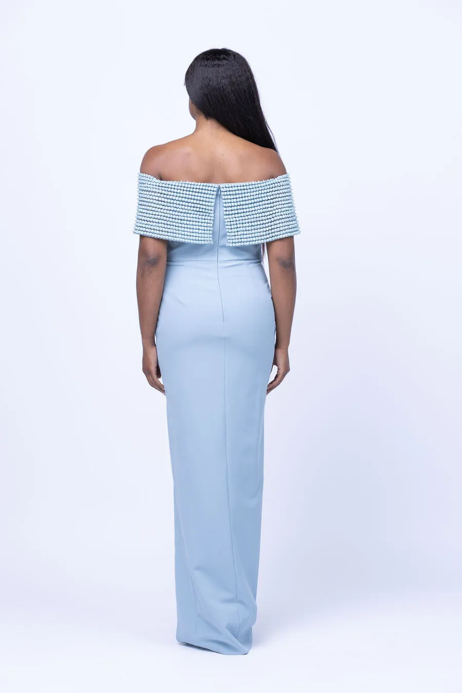 Daymor Beaded Off Shoulder Evening Gown in Glacier Blue