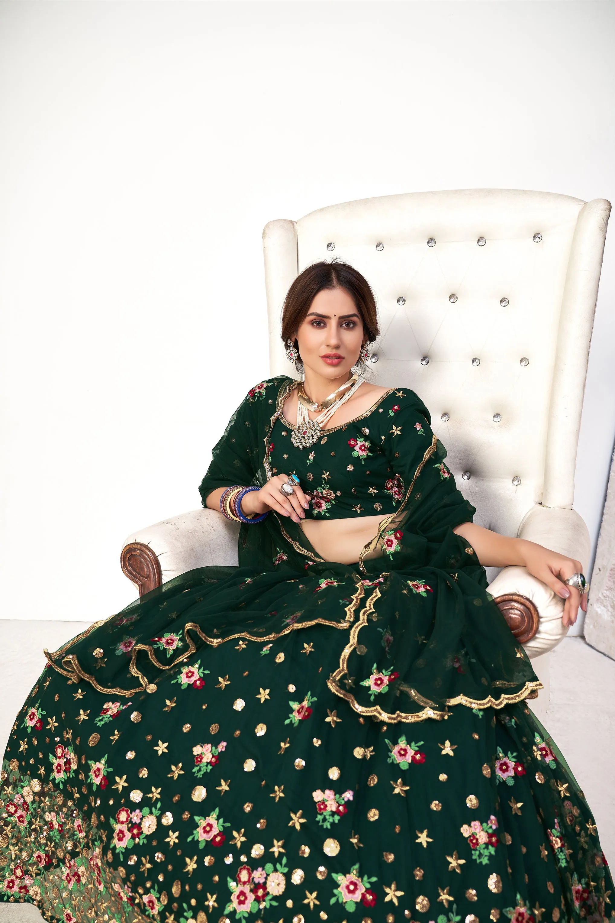 Delightful Green Net Thread And Sequins Embroidered Lehenga