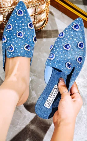 Denim Womens Rhinestone Closed Pointy Toe Mules Sierra