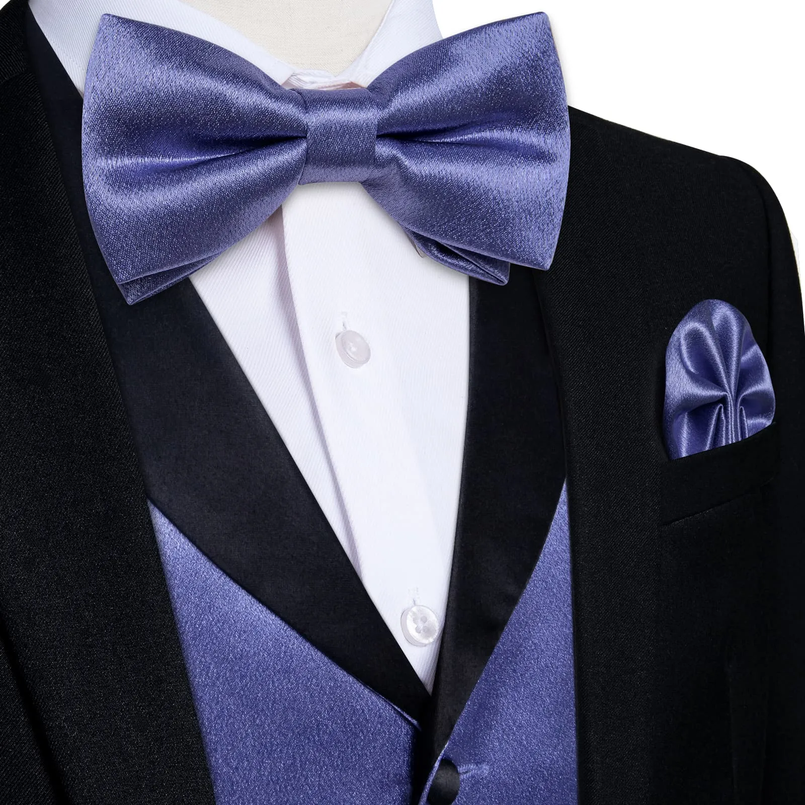 DiBanGu Tuxedo Vest Yale Blue Solid Silk Mens Button Dress Vest and Bow Tie Set