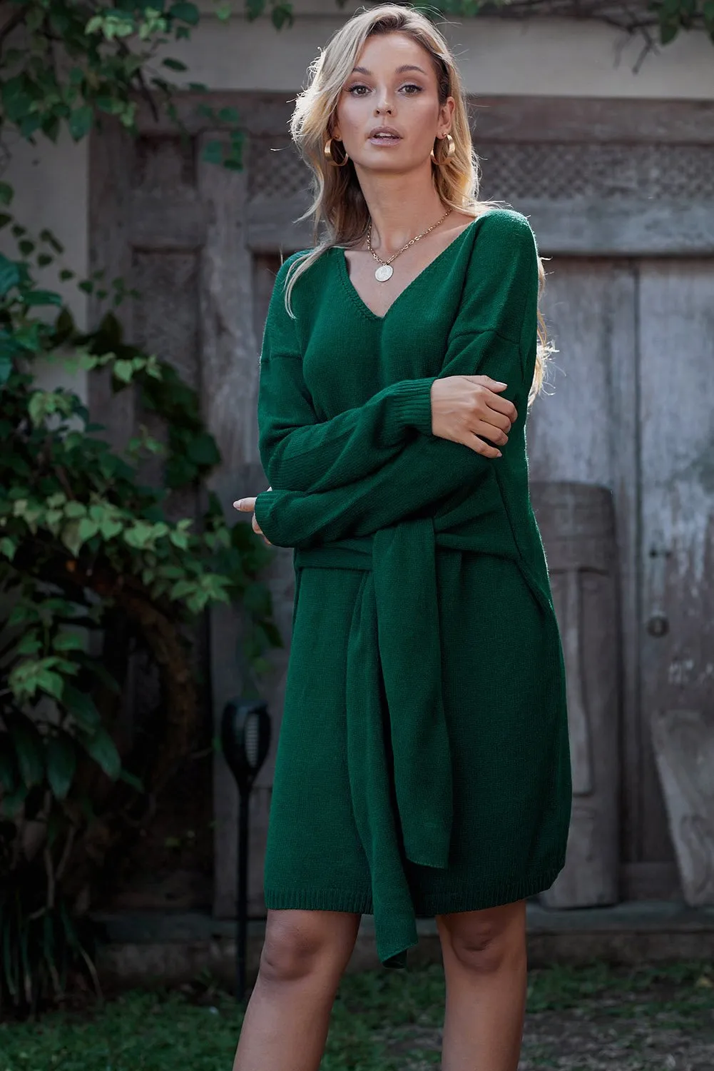 Don’t Let Me Go Tie Green Sweater Dress