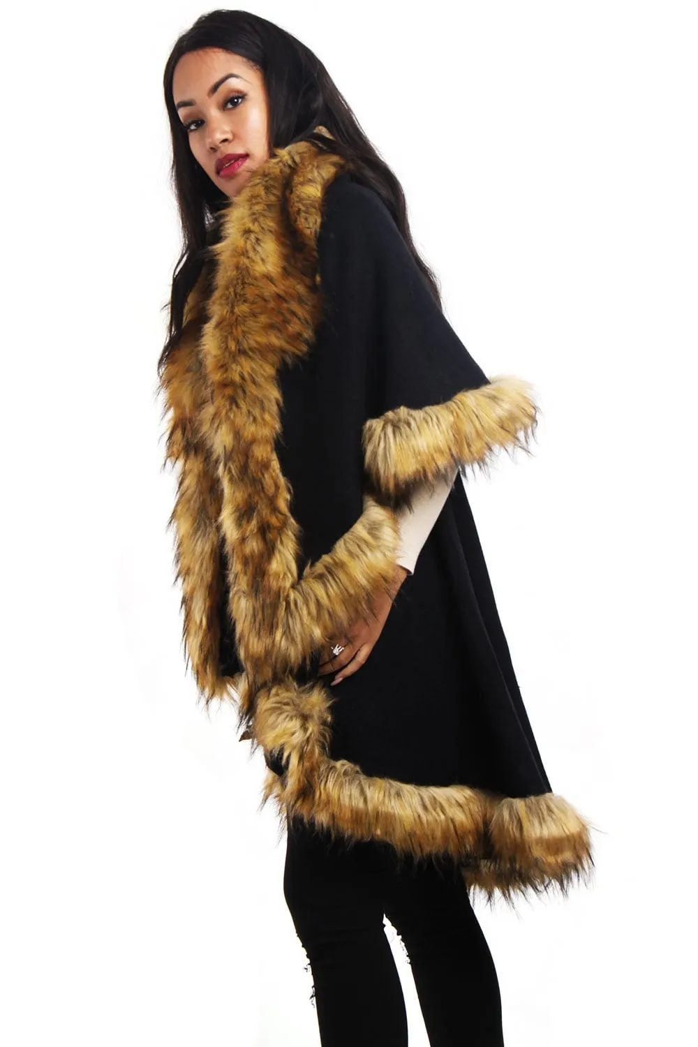 Double Layered Faux Fur Trim Poncho