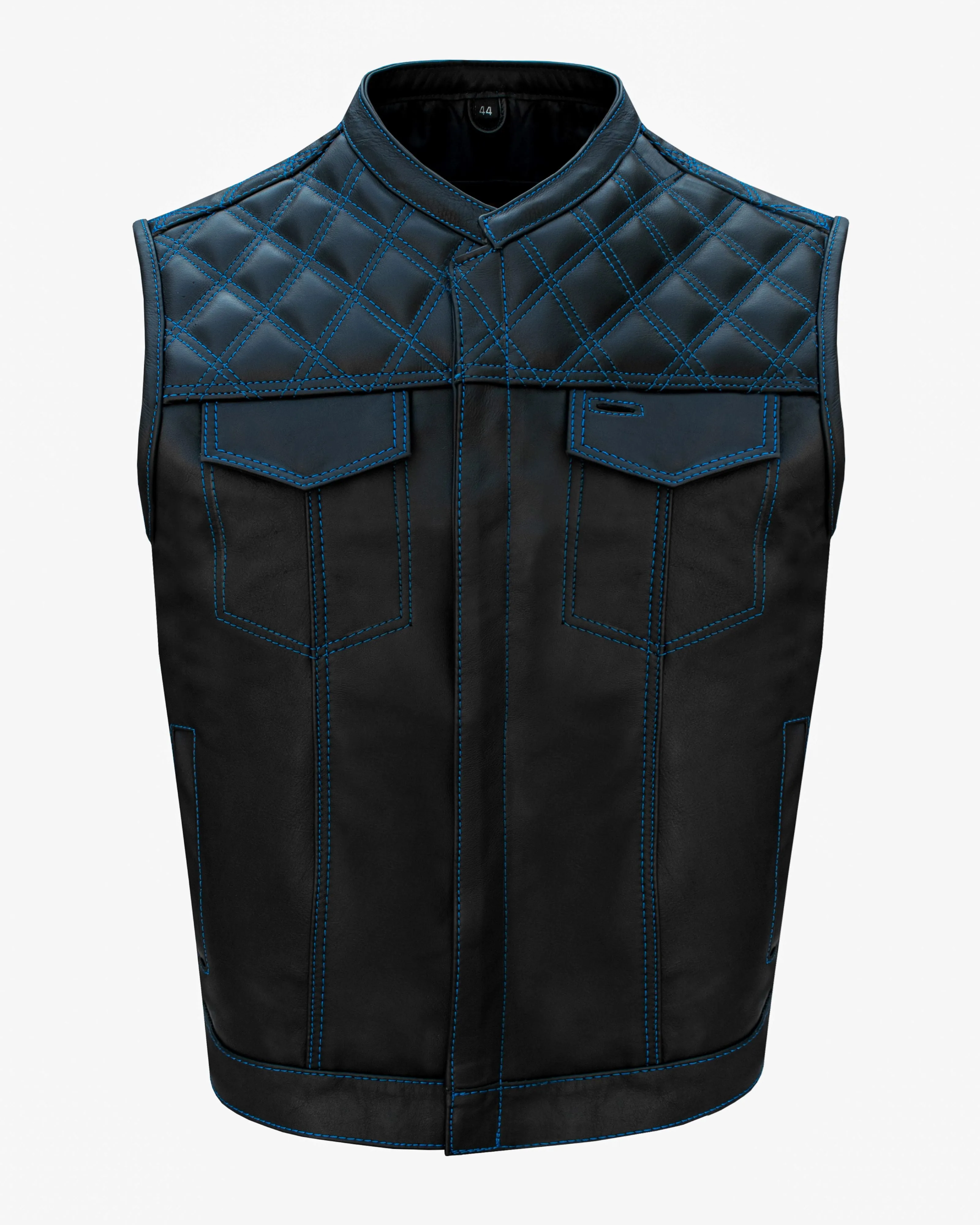 Dream Apparel Mens Black Club Vest Diamond Design Blue Thread Premium Cowhide Leather