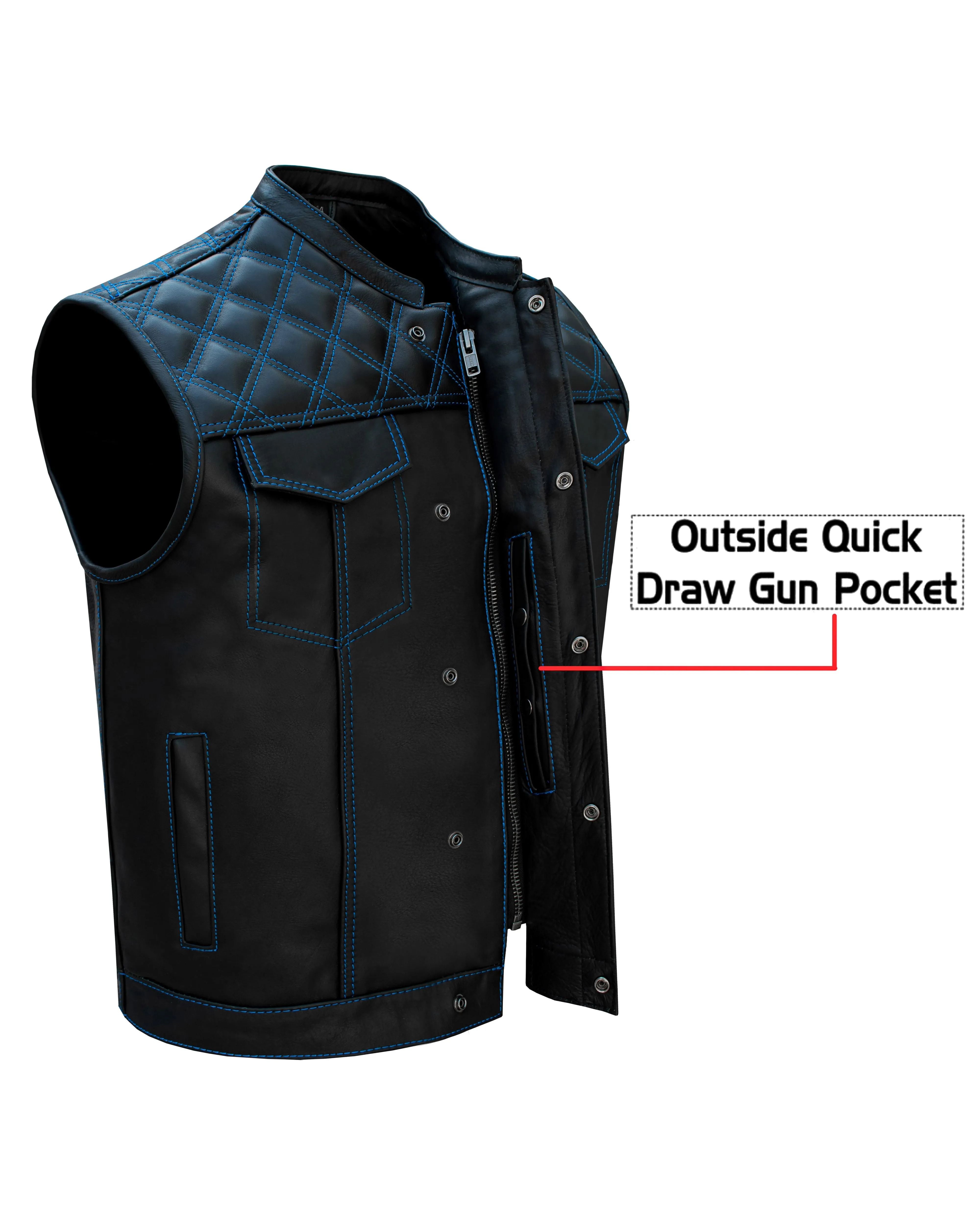 Dream Apparel Mens Black Club Vest Diamond Design Blue Thread Premium Cowhide Leather