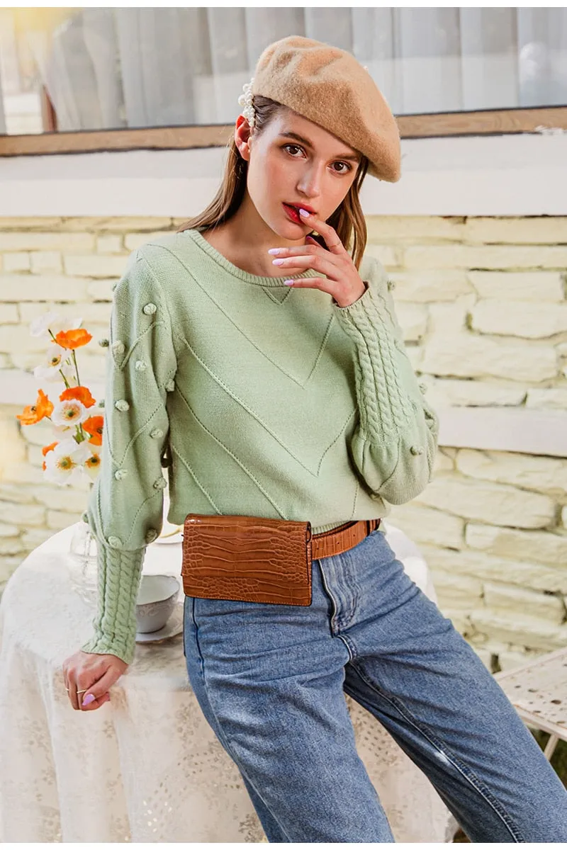 Elegant fur pompon sweater Autumn winter lantern sleeve knitted sweater Streetwear ladies green pullover Jumper