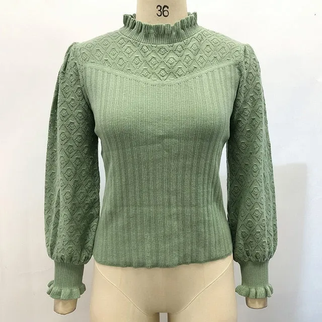 Elegant fur pompon sweater Autumn winter lantern sleeve knitted sweater Streetwear ladies green pullover Jumper