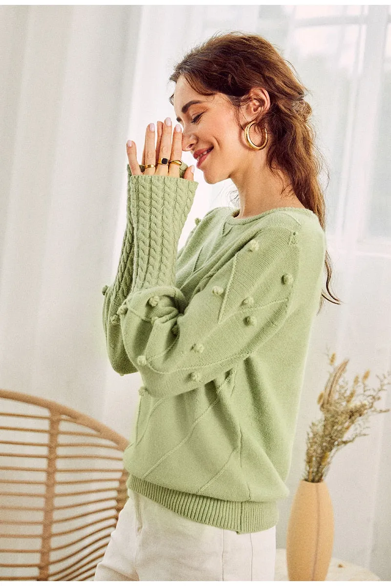 Elegant fur pompon sweater Autumn winter lantern sleeve knitted sweater Streetwear ladies green pullover Jumper