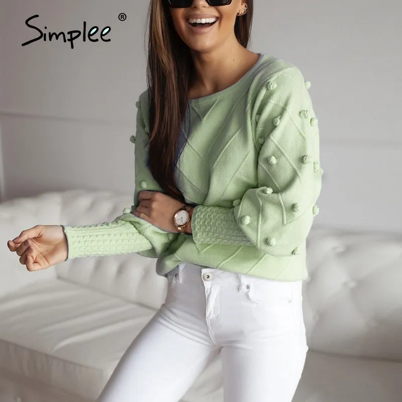 Elegant fur pompon sweater Autumn winter lantern sleeve knitted sweater Streetwear ladies green pullover Jumper