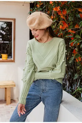 Elegant fur pompon sweater Autumn winter lantern sleeve knitted sweater Streetwear ladies green pullover Jumper