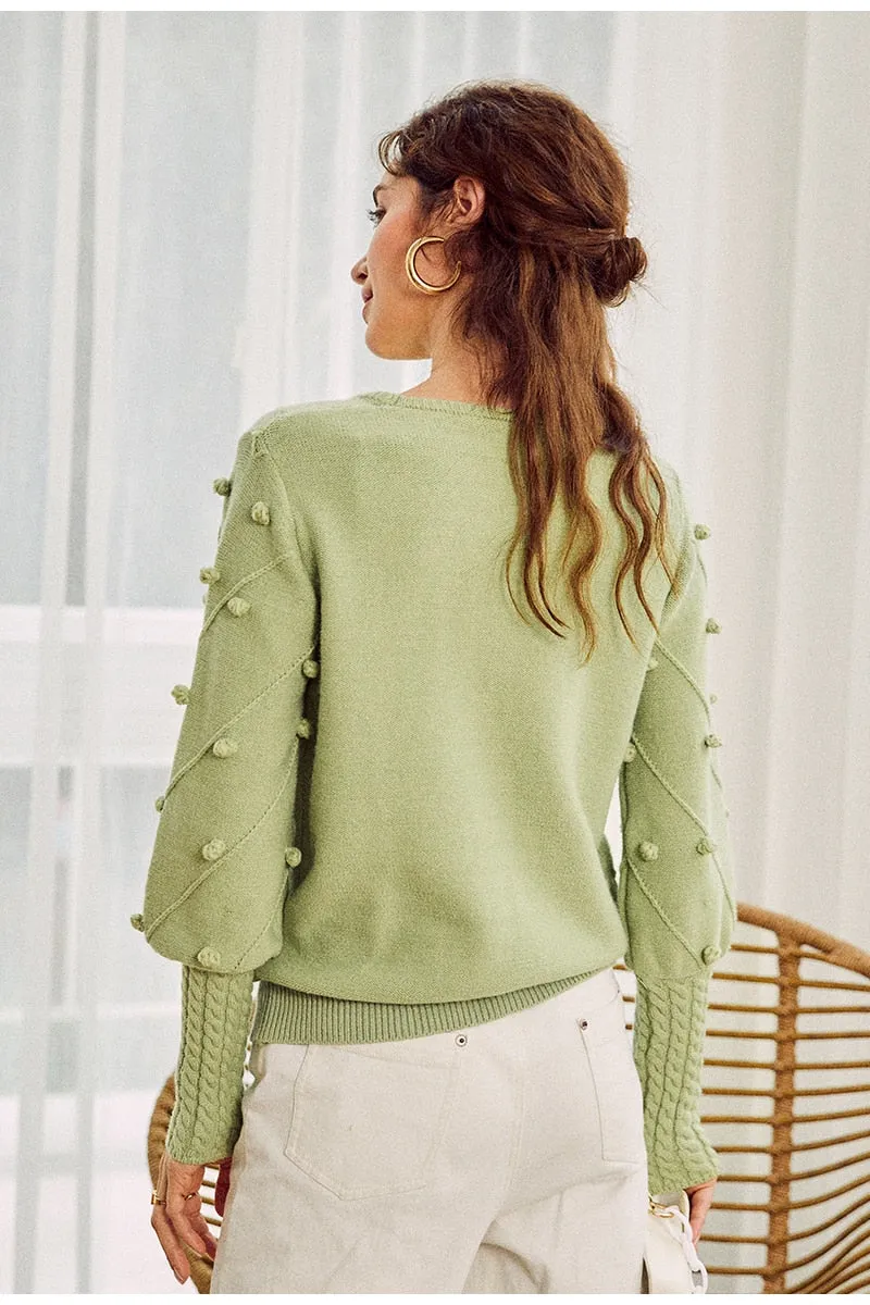 Elegant fur pompon sweater Autumn winter lantern sleeve knitted sweater Streetwear ladies green pullover Jumper