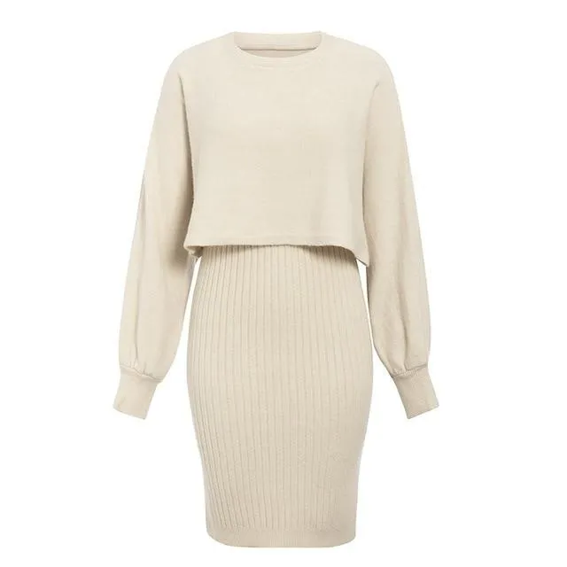 Elegant Two Pieces Knitted Slim Sleeveless Sweater Pullover Dress