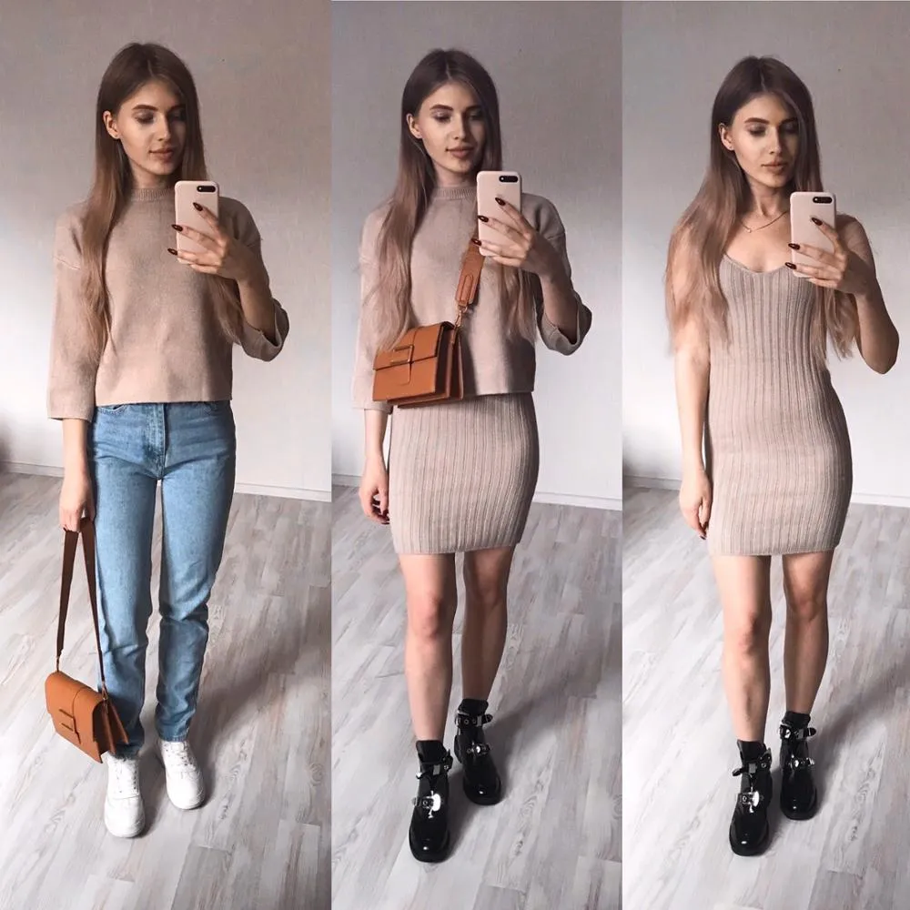 Elegant Two Pieces Knitted Slim Sleeveless Sweater Pullover Dress