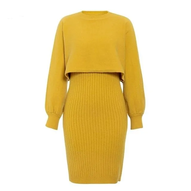 Elegant Two Pieces Knitted Slim Sleeveless Sweater Pullover Dress