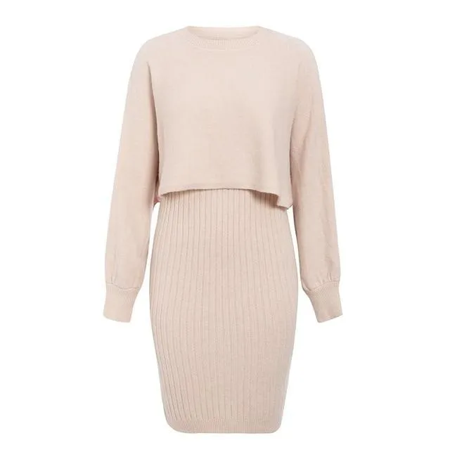 Elegant Two Pieces Knitted Slim Sleeveless Sweater Pullover Dress