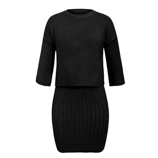 Elegant Two Pieces Knitted Slim Sleeveless Sweater Pullover Dress