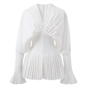 Elegant Women Loose White V-Neck Pleated Shirts Female Full Sleeve Tops Blouses Casual Blusas