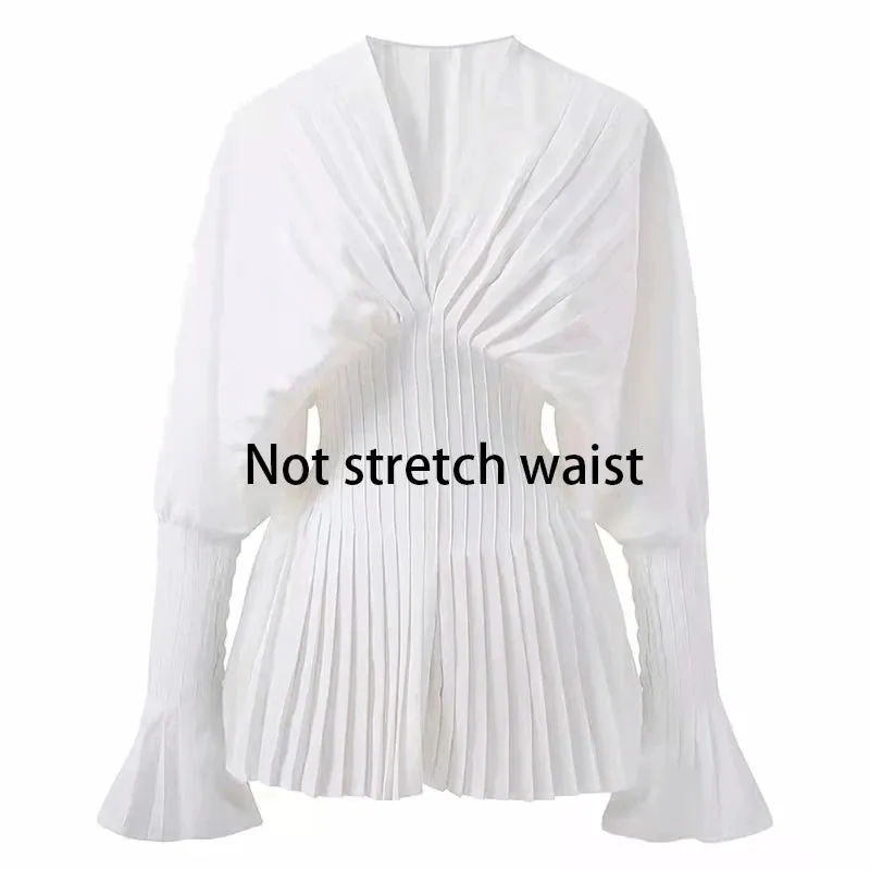 Elegant Women Loose White V-Neck Pleated Shirts Female Lantern Full Sleeve Tops Blouses Casual Blusas 2024 Spring Summer DS4