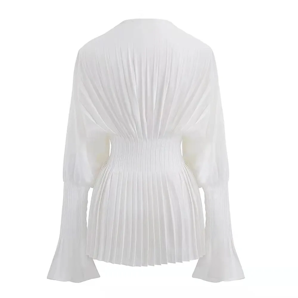 Elegant Women Loose White V-Neck Pleated Shirts Female Lantern Full Sleeve Tops Blouses Casual Blusas 2024 Spring Summer DS4