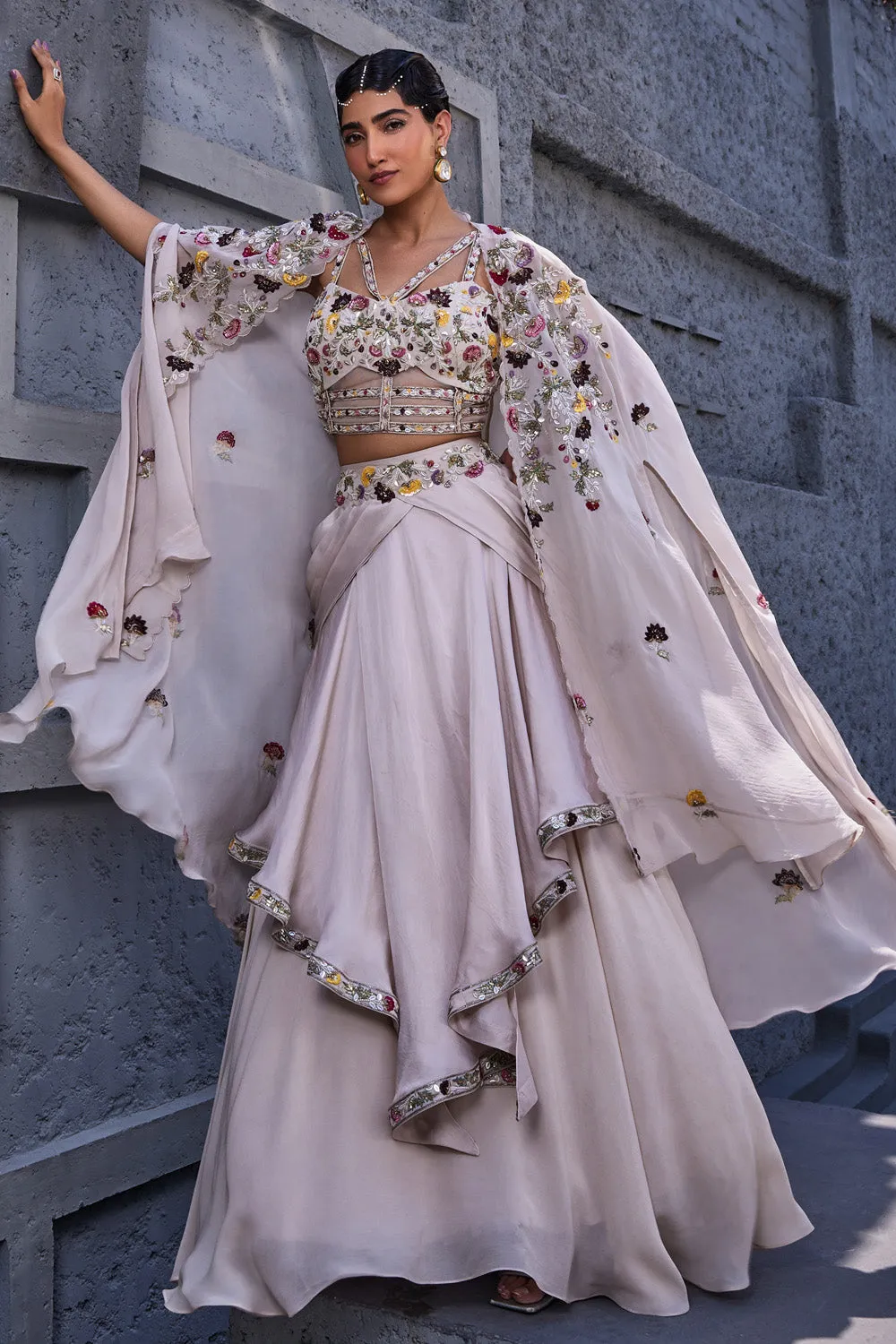 Embroidered Cape with Skirt and Bustier