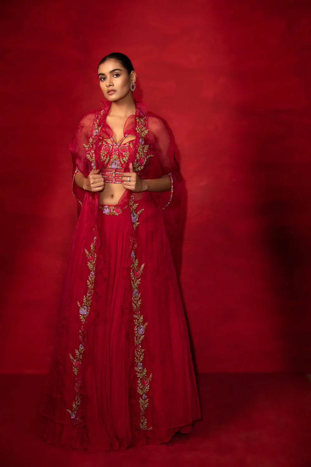 Embroidered Corset Lehenga With Cape