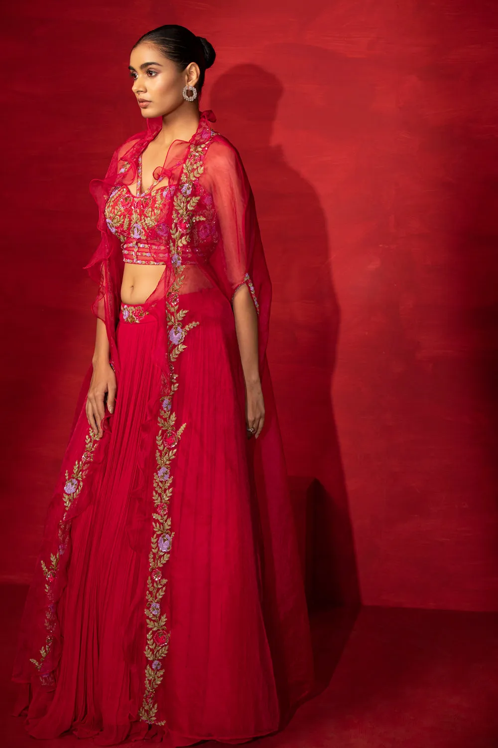 Embroidered Corset Lehenga With Cape