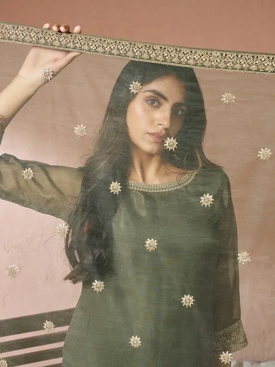 Embroidered Kurta with Trousers & Dupatta