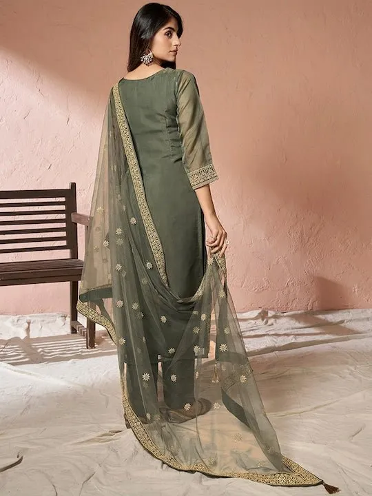 Embroidered Kurta with Trousers & Dupatta