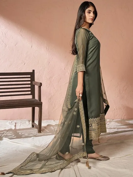 Embroidered Kurta with Trousers & Dupatta