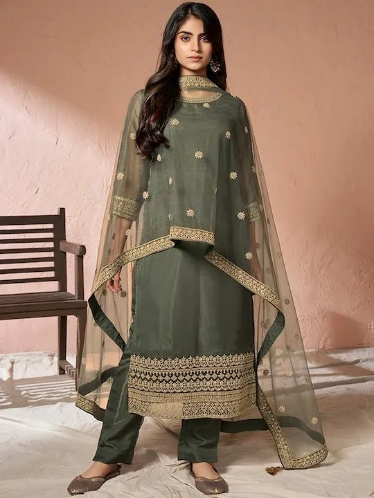 Embroidered Kurta with Trousers & Dupatta