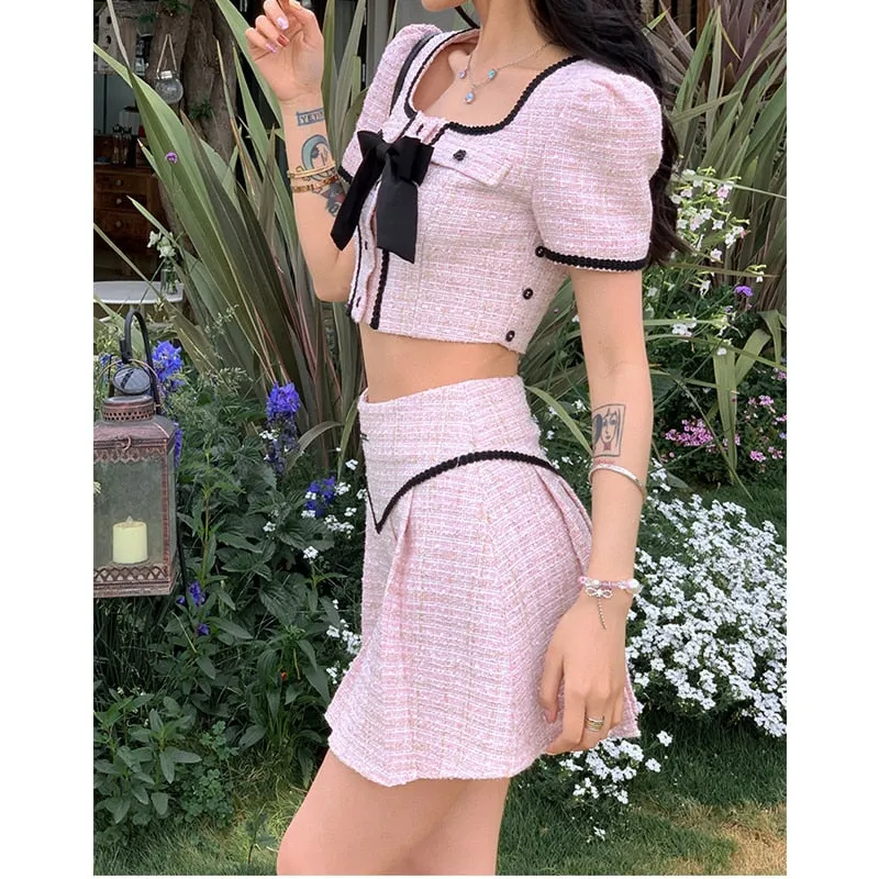 Fashionkova  Women's Tops And Short Skirts Suit Square Collar French Fashion Design Summer Black Pink Pleated Skirt High Quality Ladies Suit