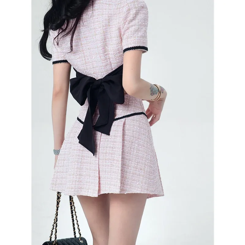 Fashionkova  Women's Tops And Short Skirts Suit Square Collar French Fashion Design Summer Black Pink Pleated Skirt High Quality Ladies Suit