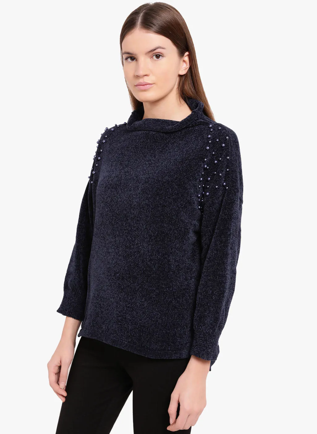 Fleur-De-Lis Hi Neck Pearl Deatil Sweater