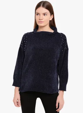 Fleur-De-Lis Hi Neck Pearl Deatil Sweater