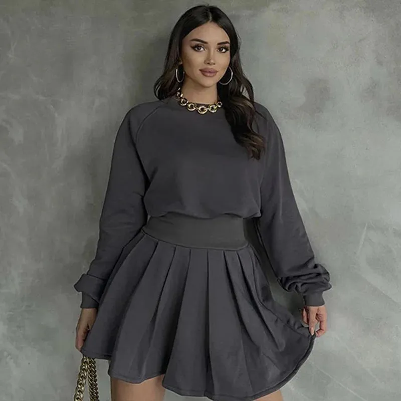 Flytonn-Two-Piece Pleated Skirt for Women, Long-Sleeved Sweatshirt and High-Waisted Mini Skirt, Casual Sportswear, Fall