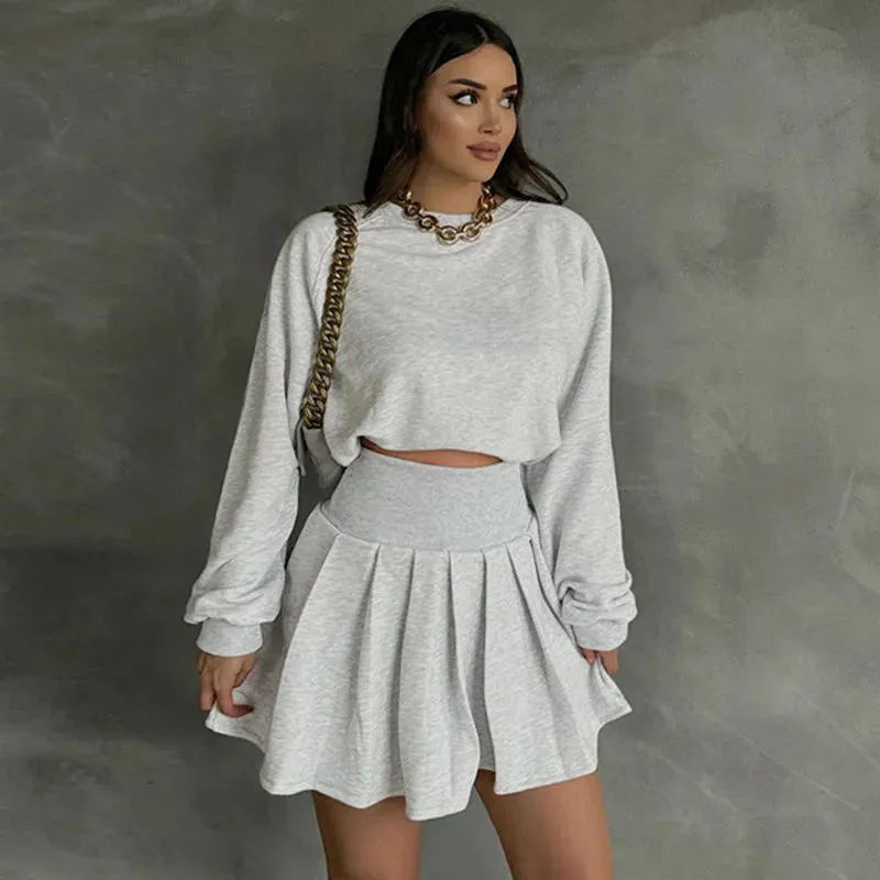 Flytonn-Two-Piece Pleated Skirt for Women, Long-Sleeved Sweatshirt and High-Waisted Mini Skirt, Casual Sportswear, Fall