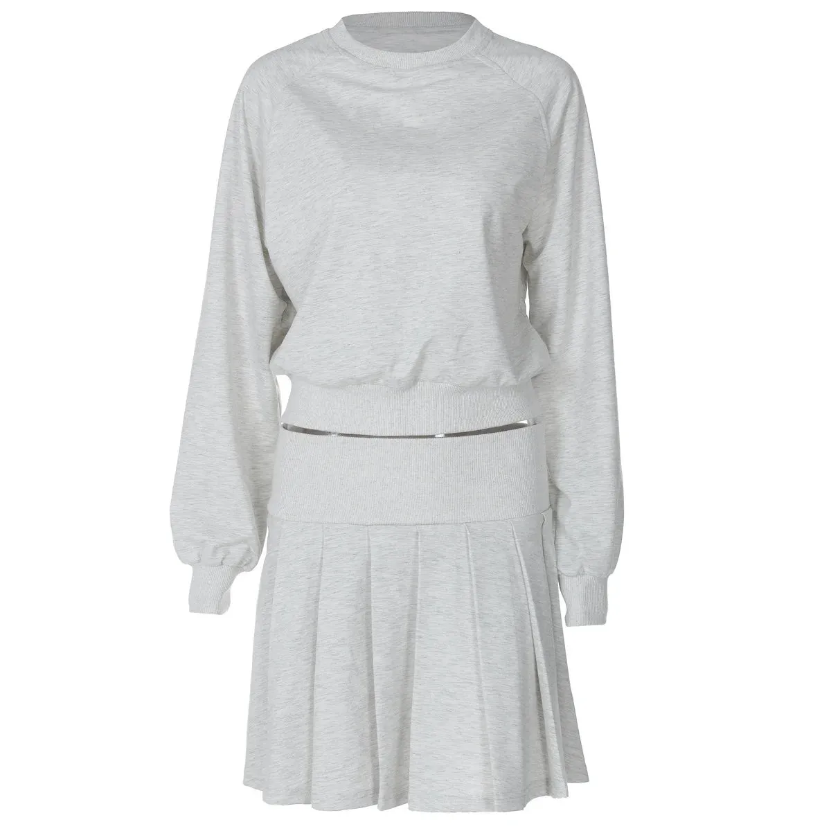 Flytonn-Two-Piece Pleated Skirt for Women, Long-Sleeved Sweatshirt and High-Waisted Mini Skirt, Casual Sportswear, Fall