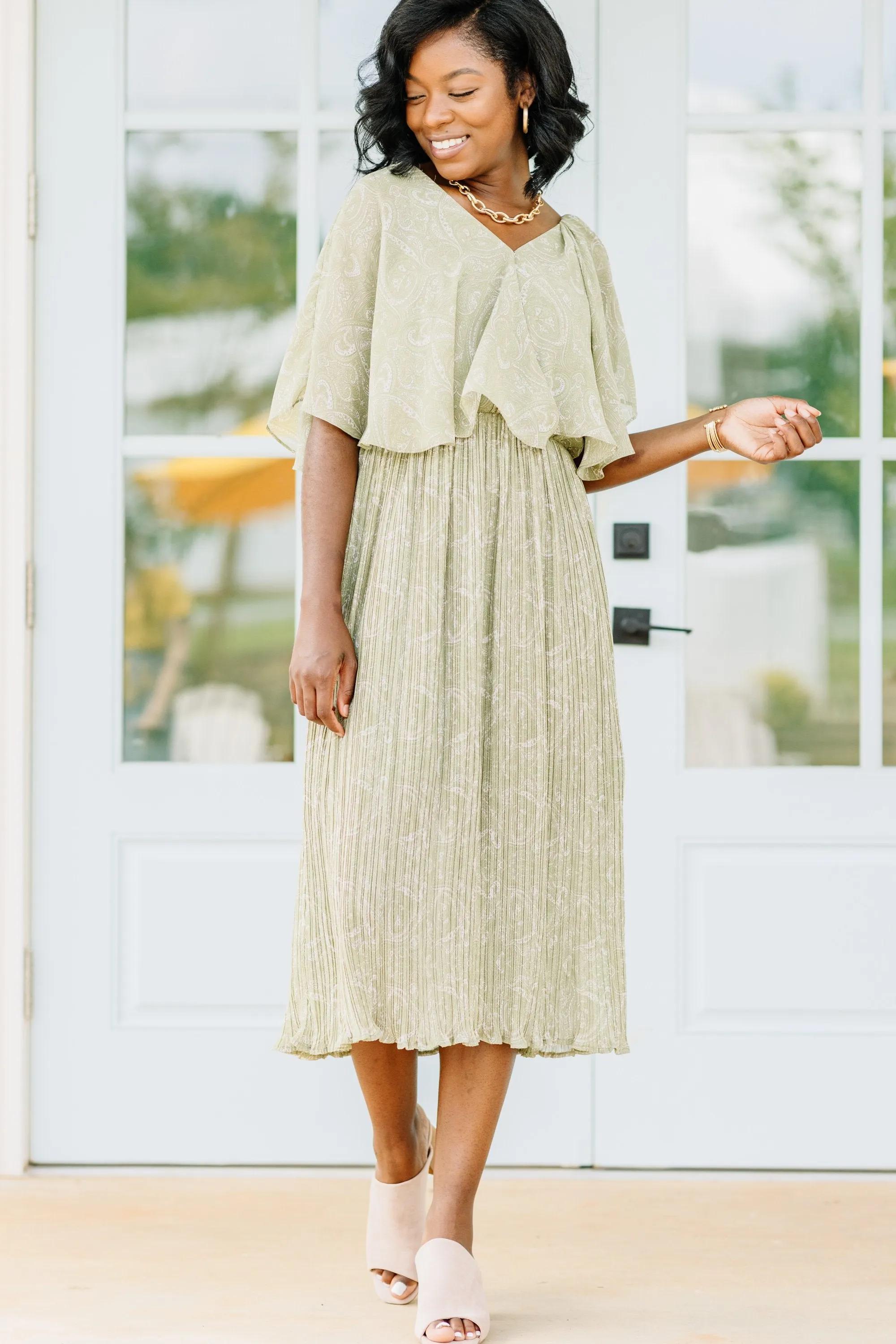 Following Fantasies Sage Green Paisley Midi Dress