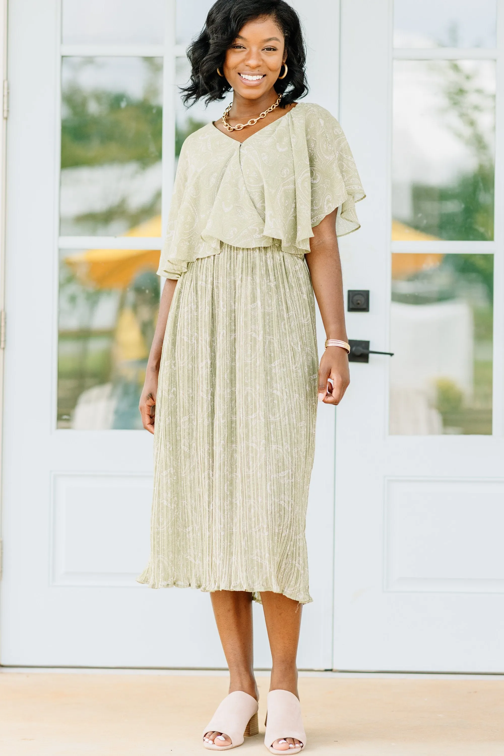 Following Fantasies Sage Green Paisley Midi Dress